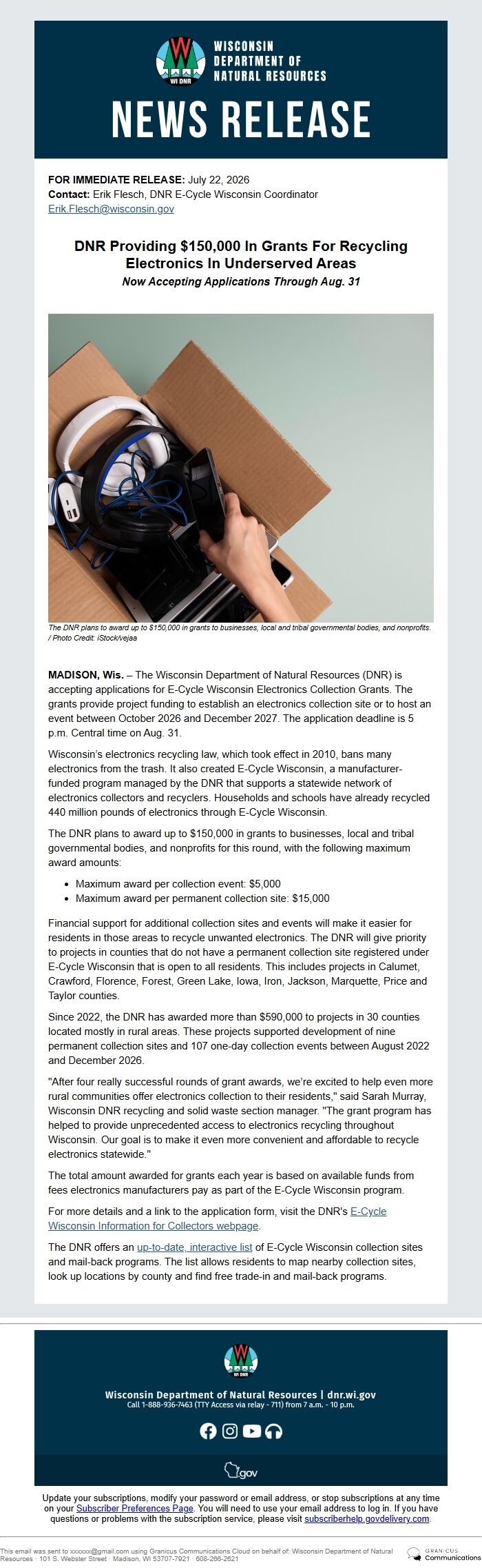 Screenshot of the email generated on import
