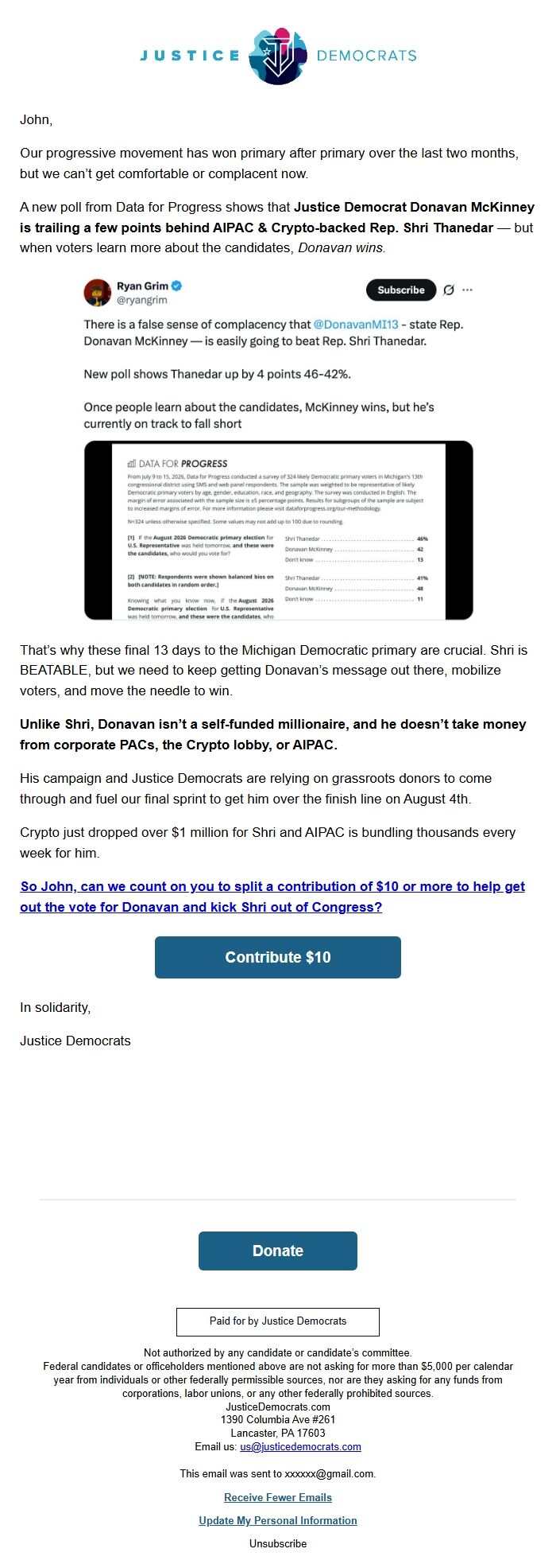 Screenshot of the email generated on import