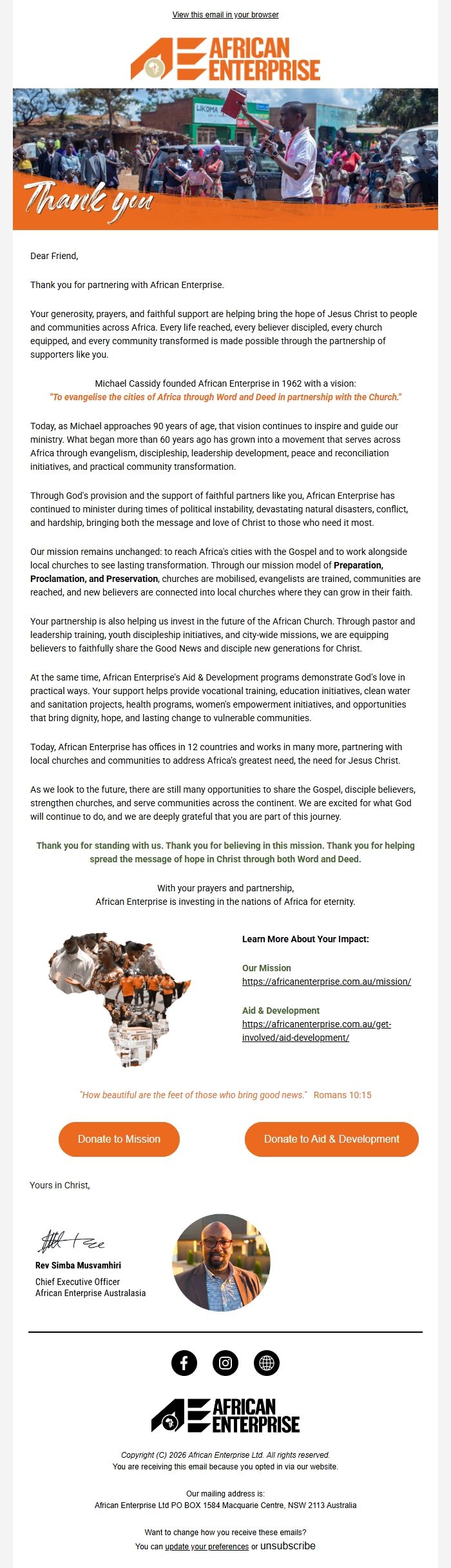 Screenshot of the email generated on import
