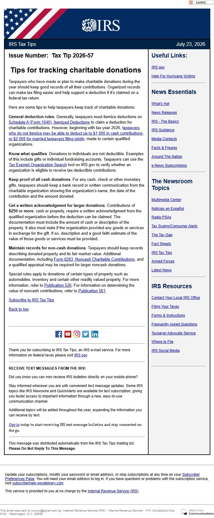 Screenshot of the email generated on import