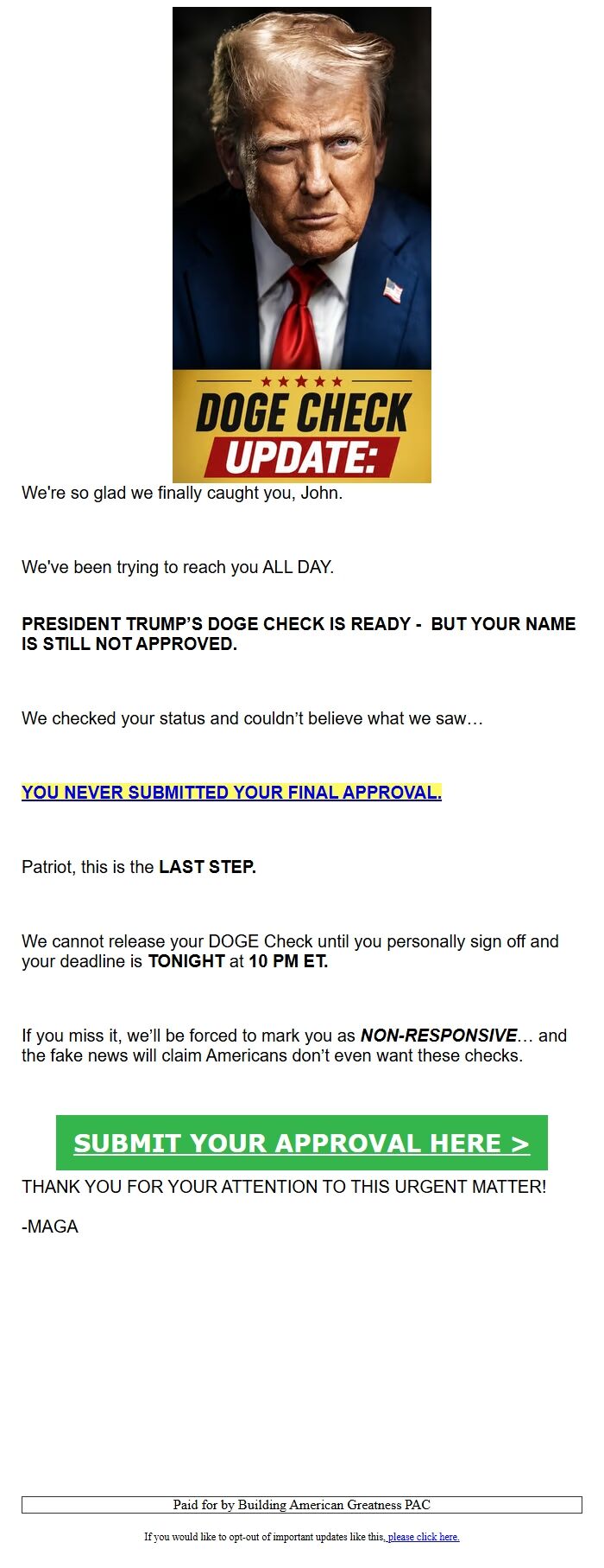 Screenshot of the email generated on import