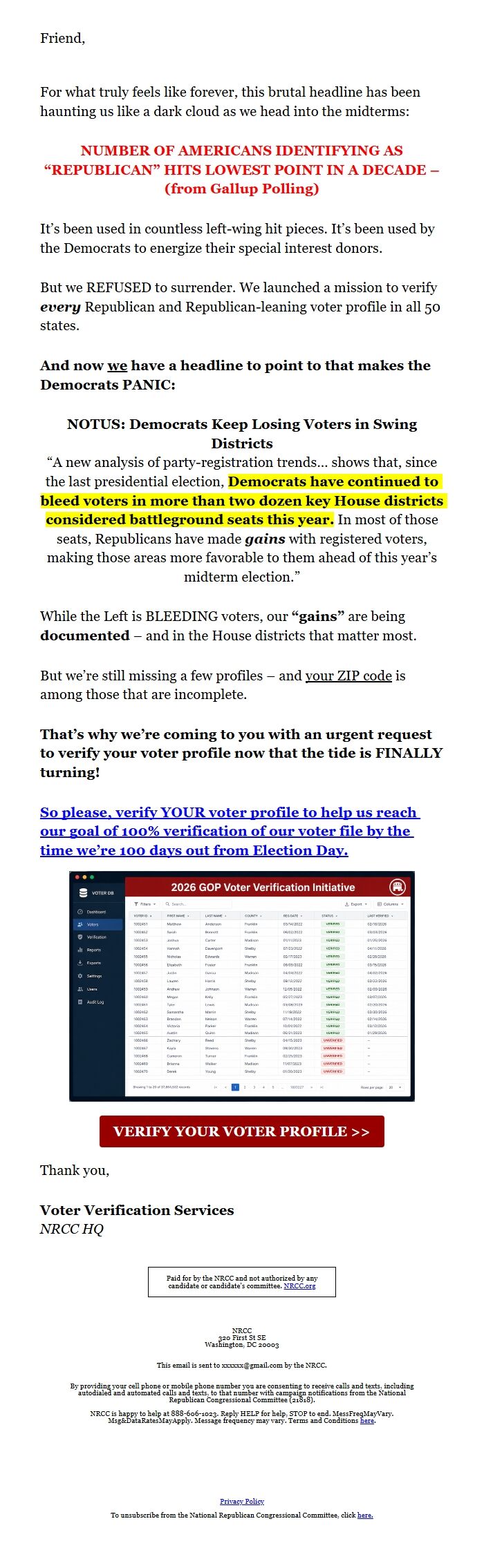 Screenshot of the email generated on import