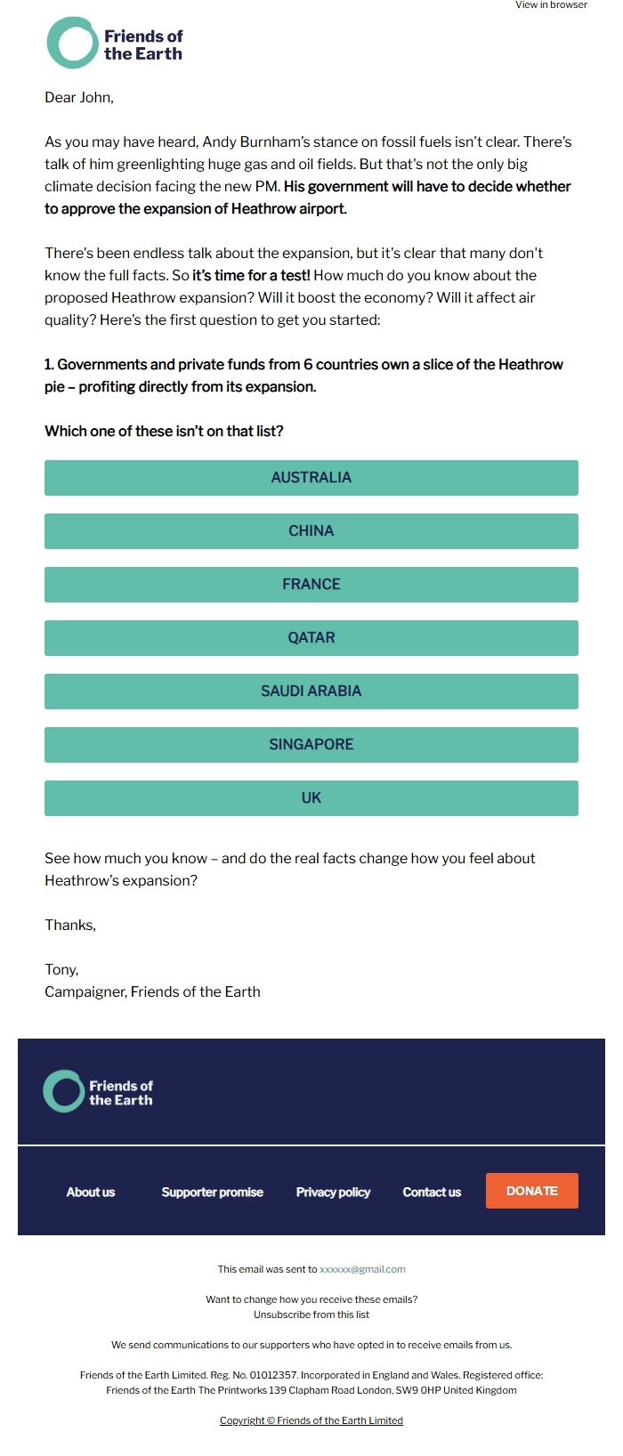 Screenshot of the email generated on import