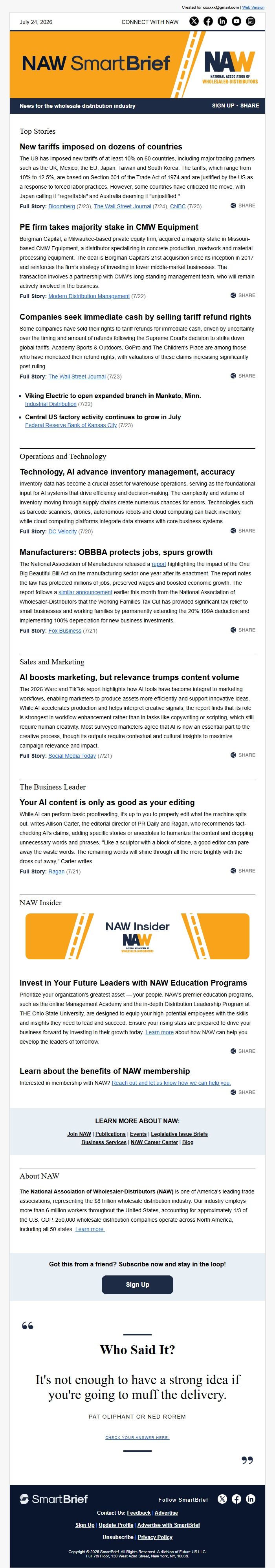 Screenshot of the email generated on import