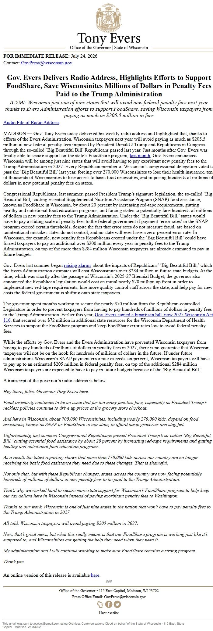 Screenshot of the email generated on import