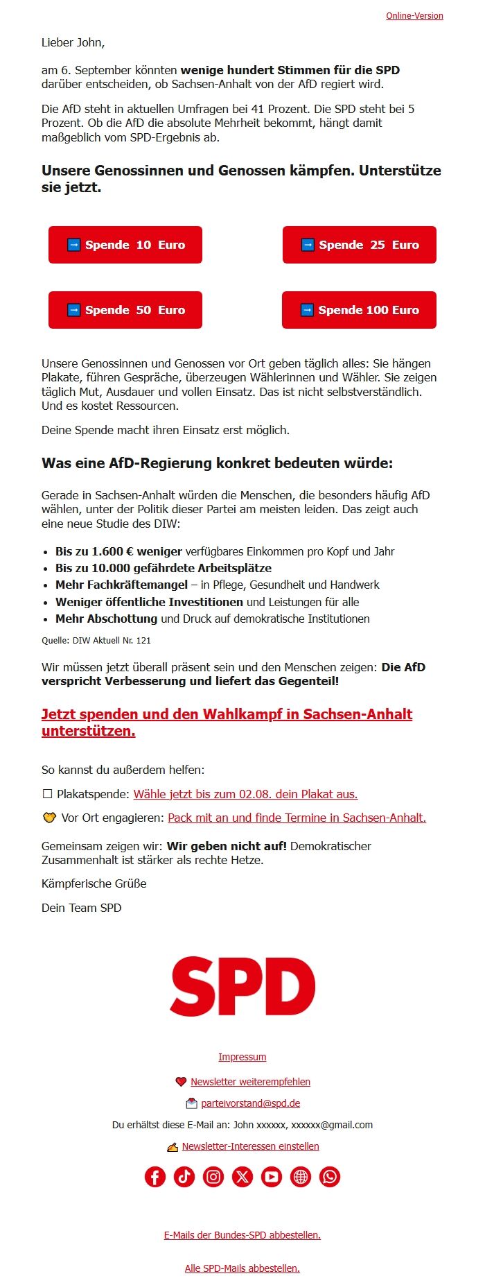 Screenshot of the email generated on import