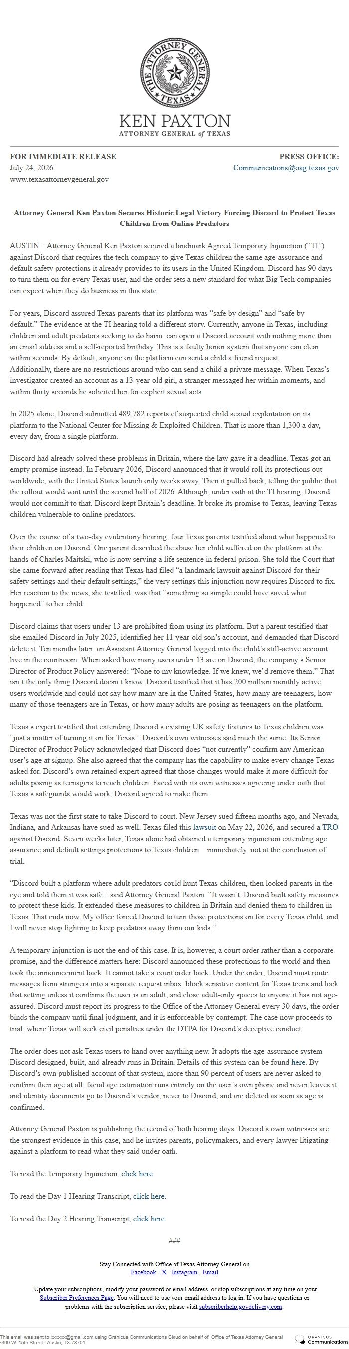 Screenshot of the email generated on import