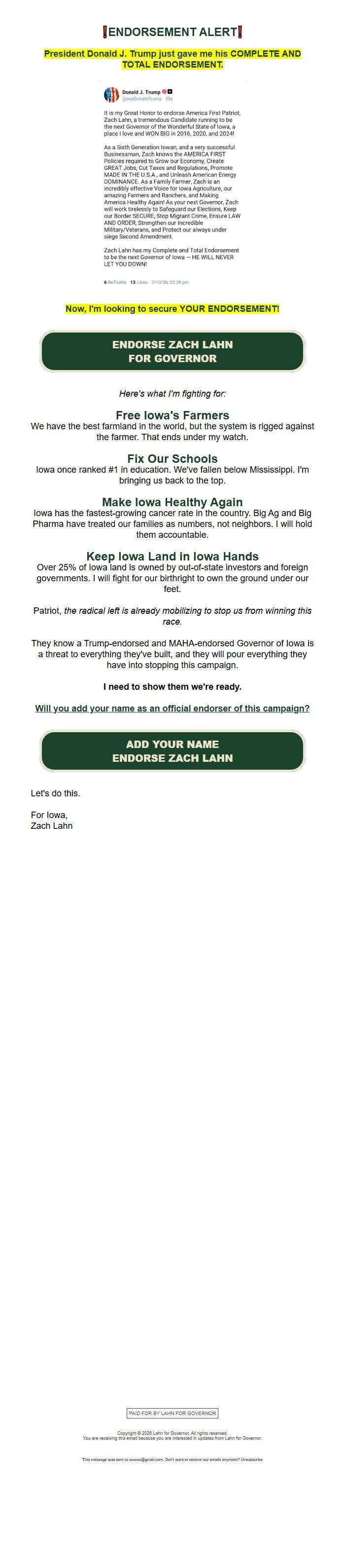 Screenshot of the email generated on import