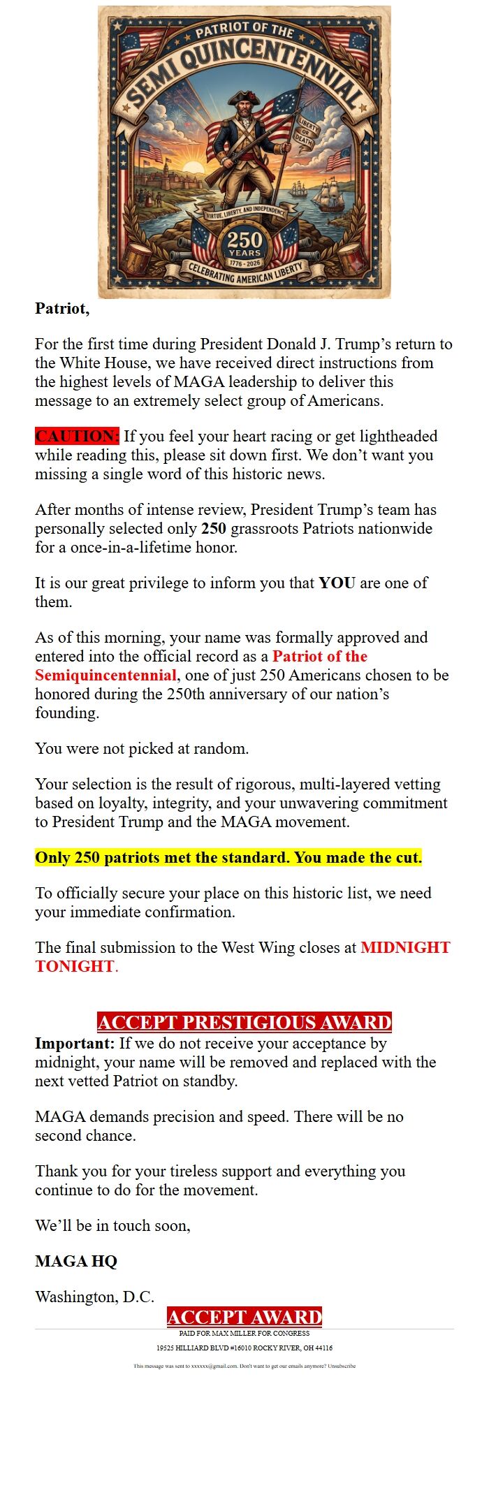 Screenshot of the email generated on import