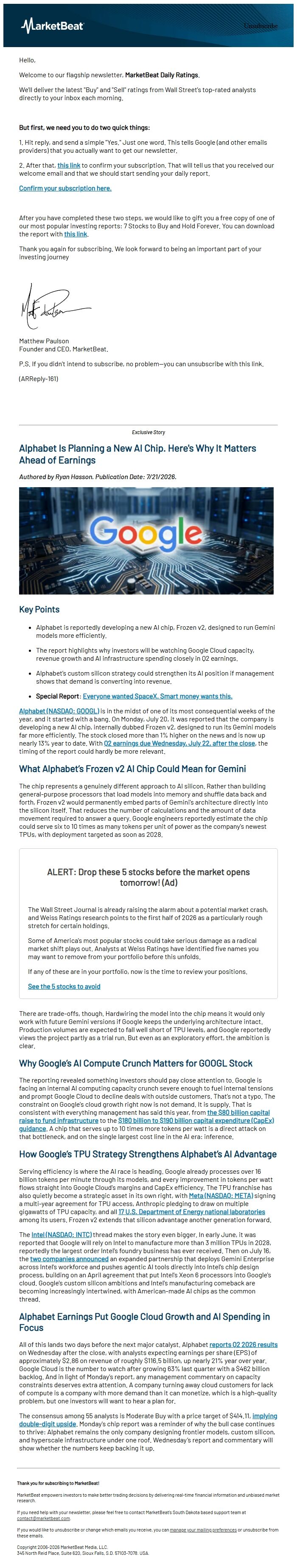 Screenshot of the email generated on import