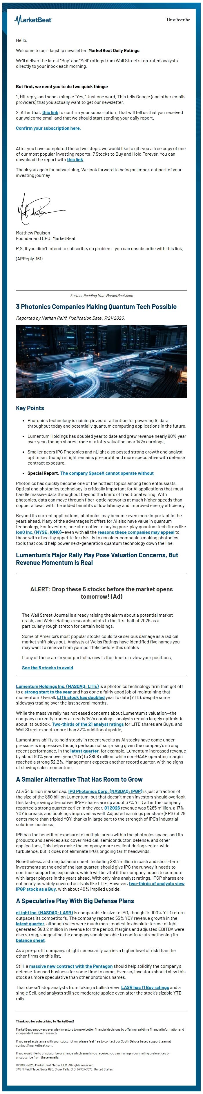 Screenshot of the email generated on import