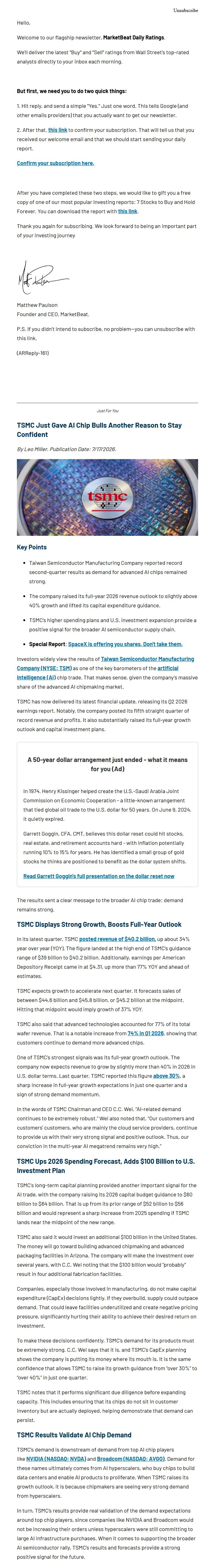 Screenshot of the email generated on import