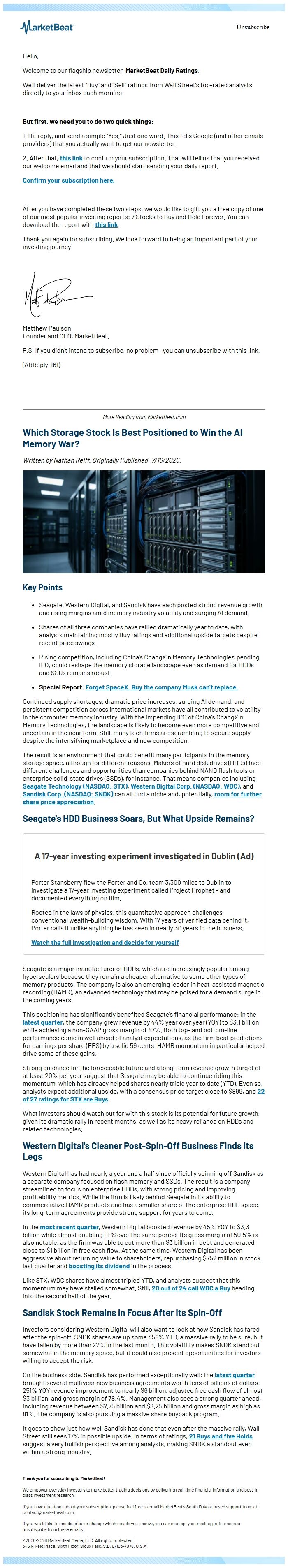 Screenshot of the email generated on import