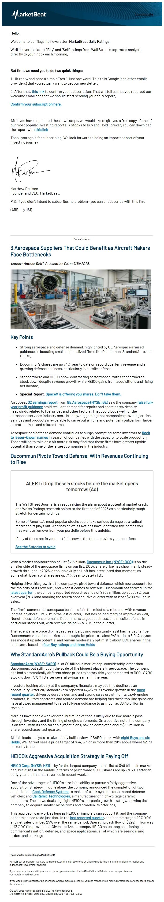 Screenshot of the email generated on import