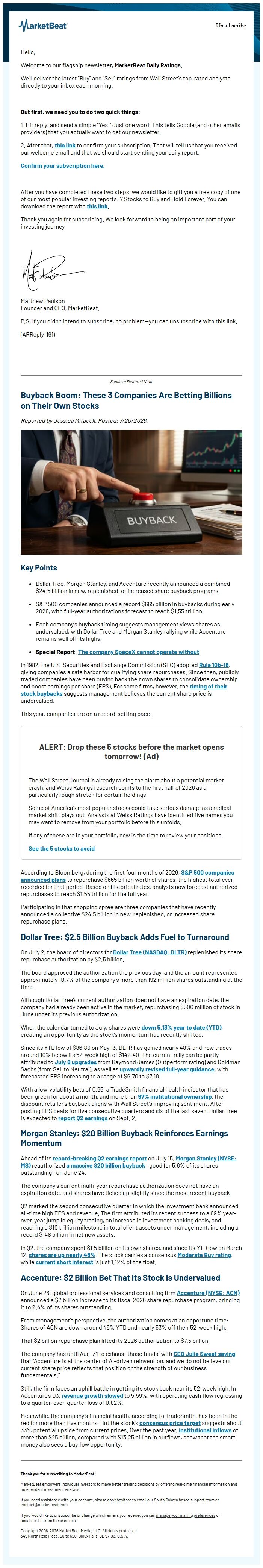 Screenshot of the email generated on import