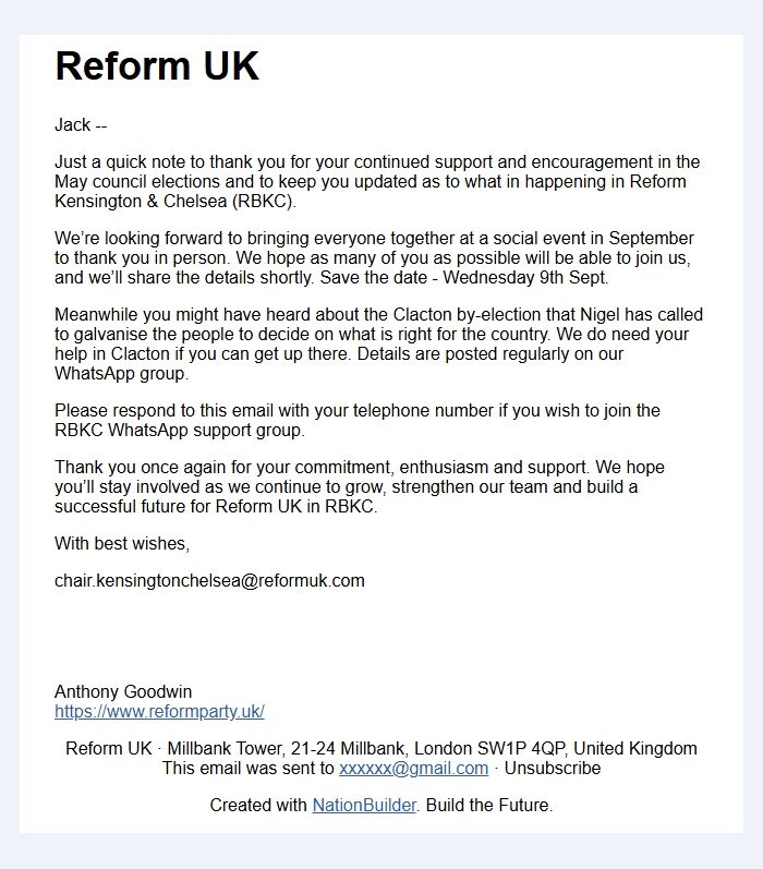 Screenshot of the email generated on import