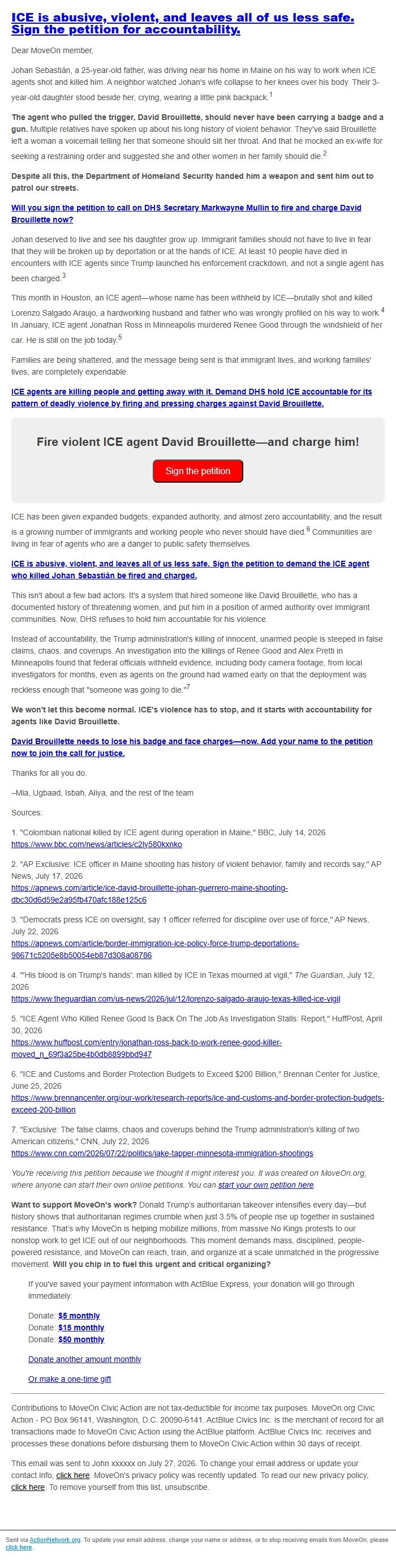 Screenshot of the email generated on import