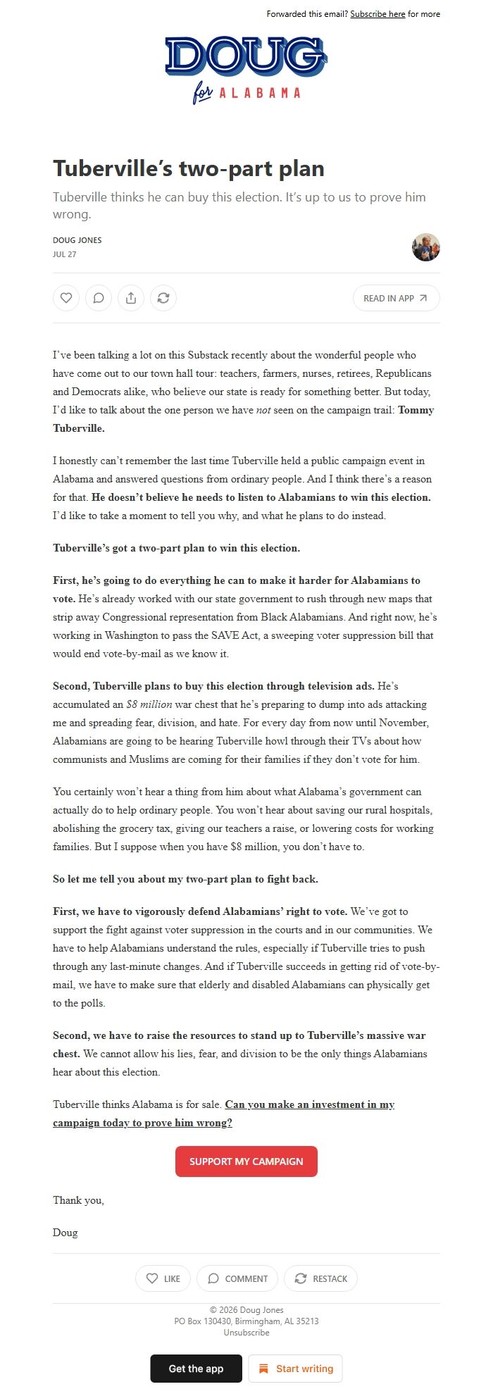 Screenshot of the email generated on import