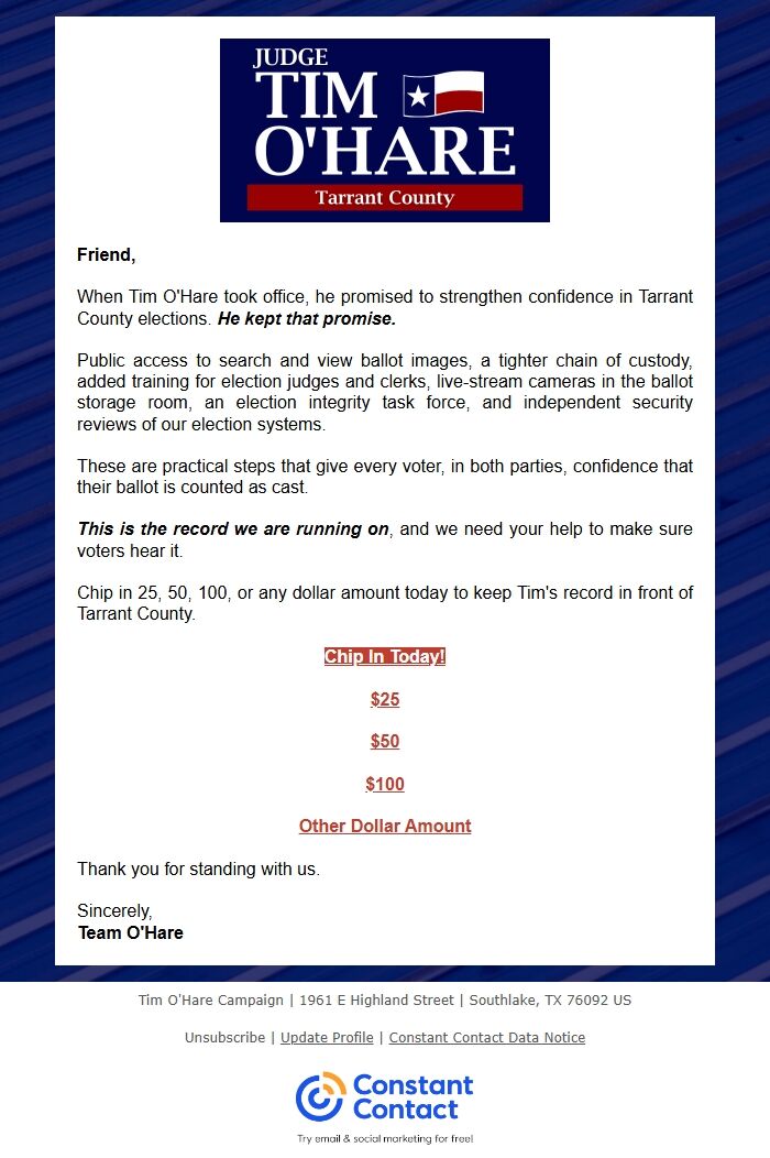 Screenshot of the email generated on import