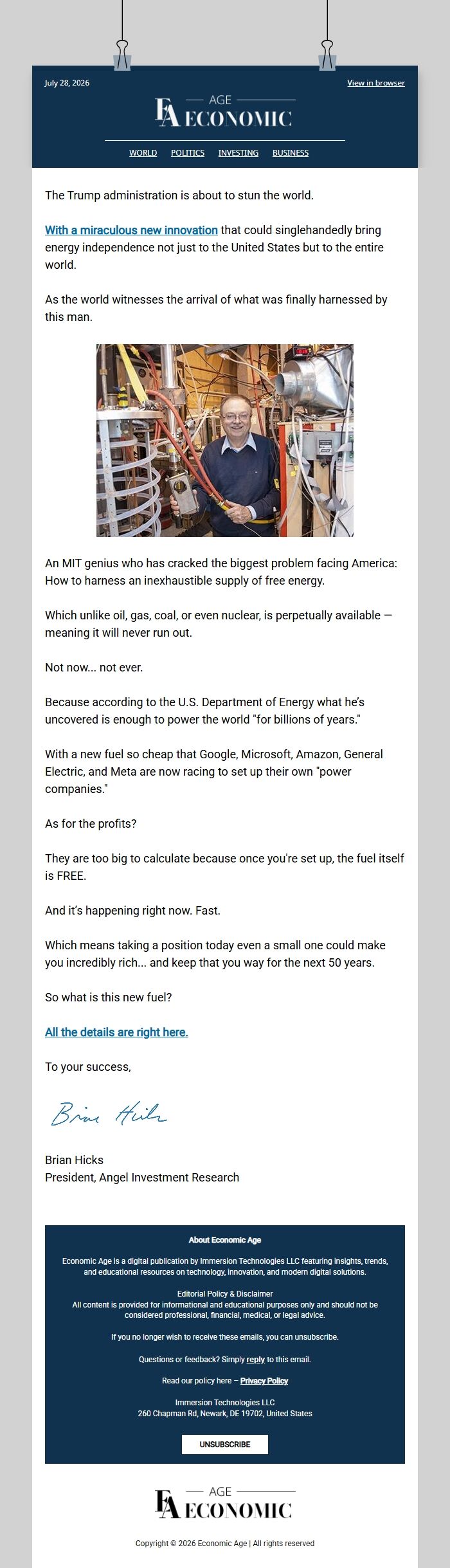 Screenshot of the email generated on import