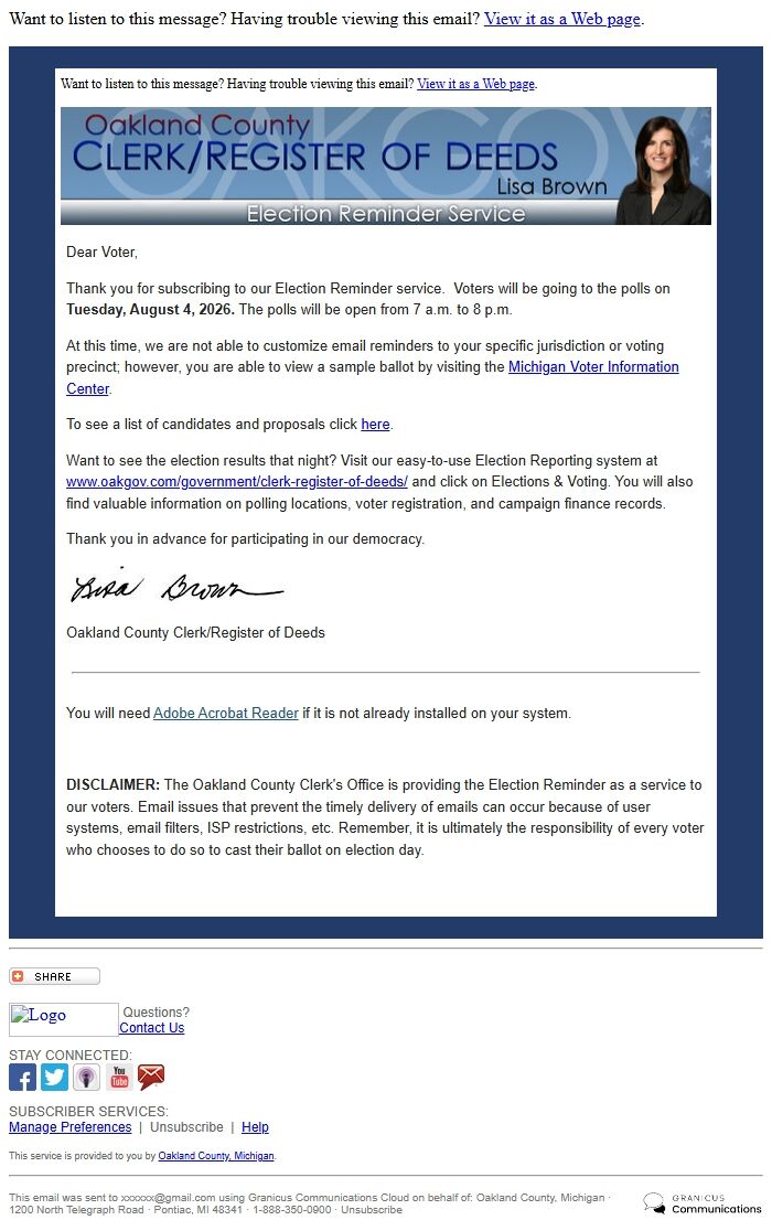 Screenshot of the email generated on import