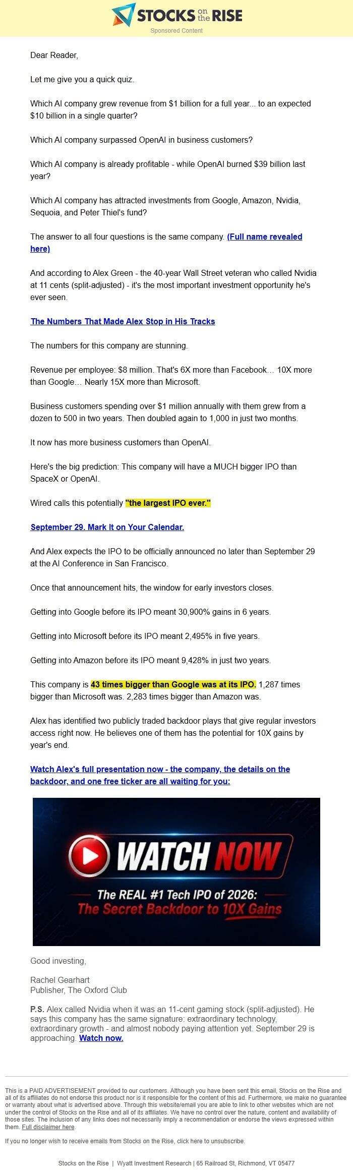 Screenshot of the email generated on import