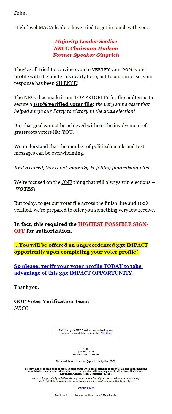 Screenshot of the email generated on import