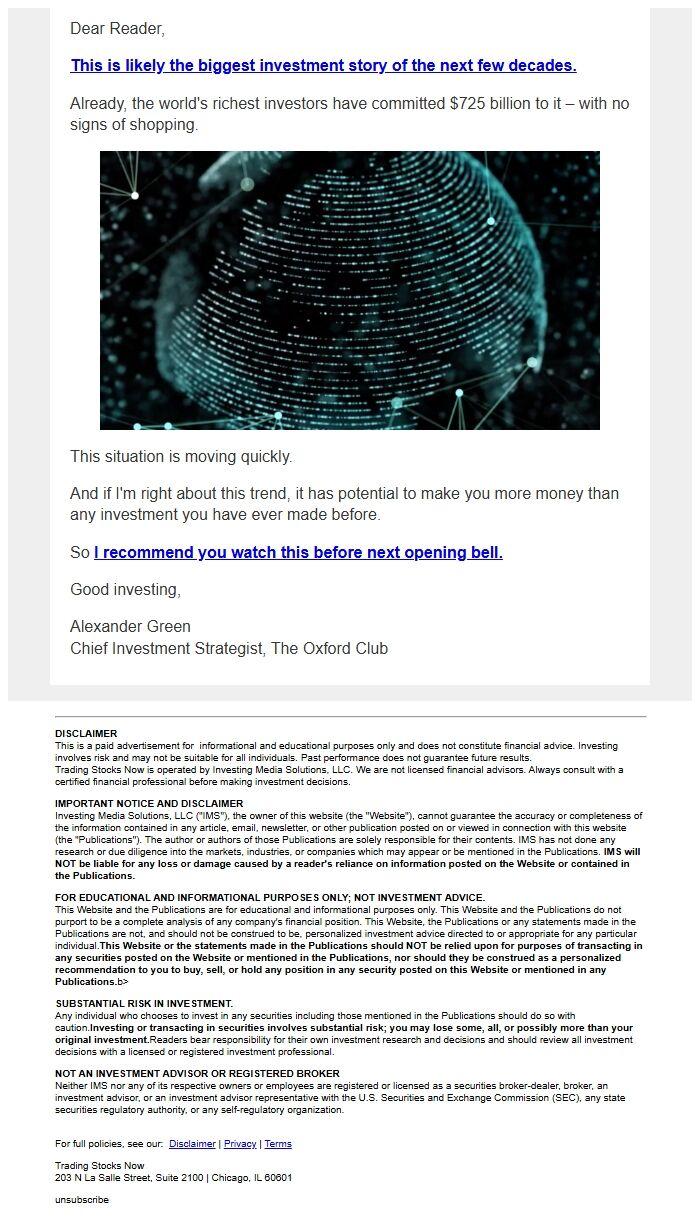 Screenshot of the email generated on import