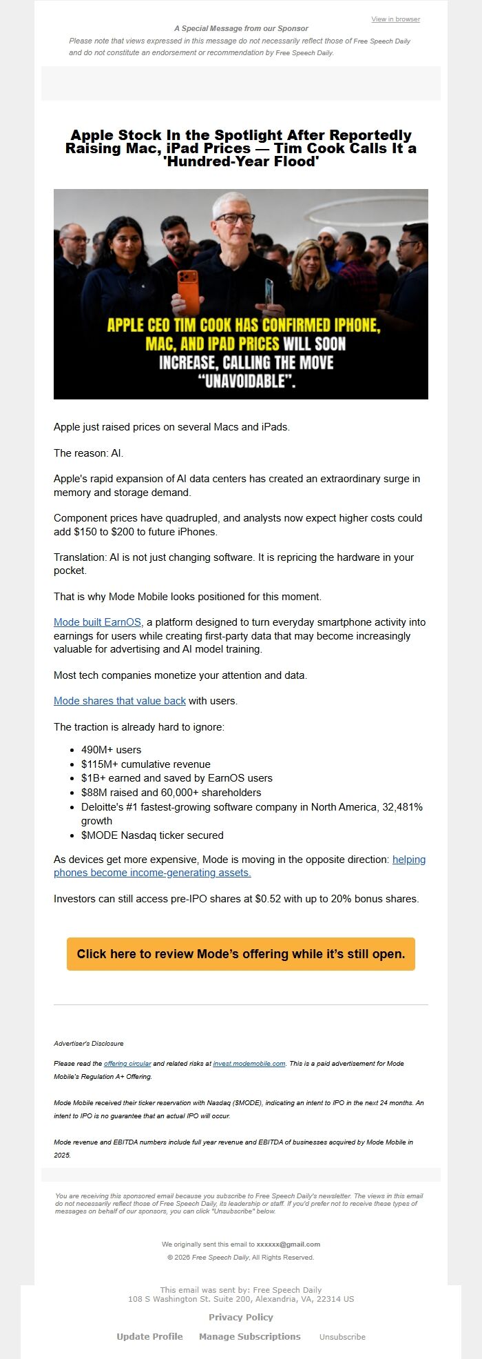 Screenshot of the email generated on import