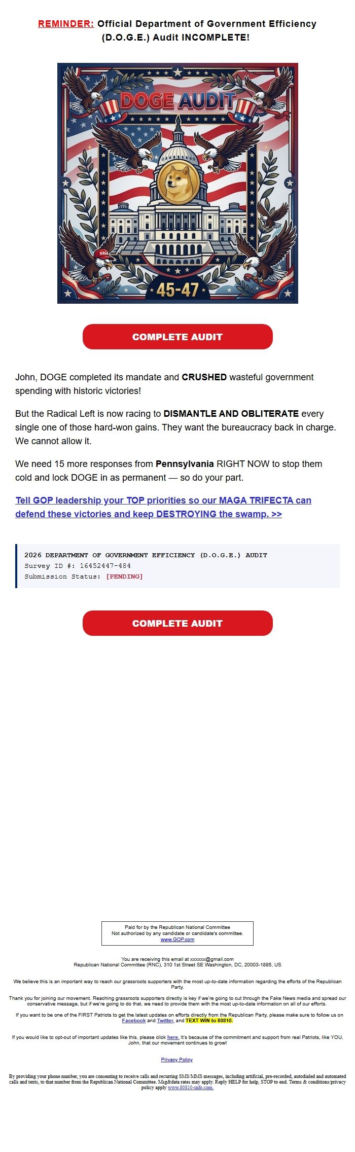 Screenshot of the email generated on import
