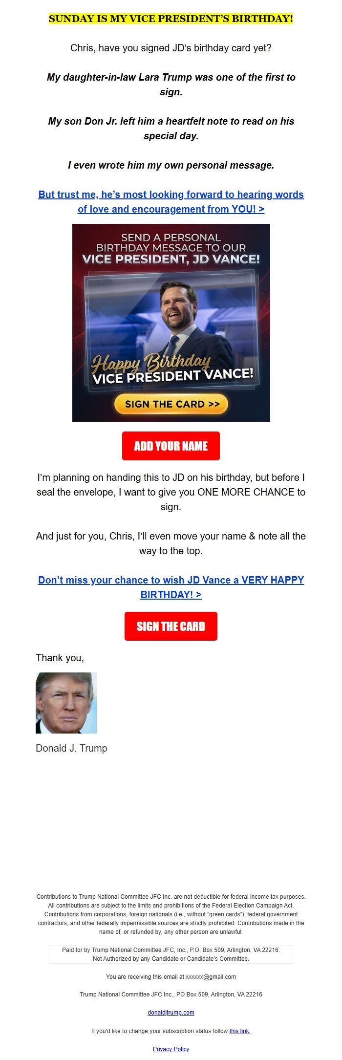 Screenshot of the email generated on import