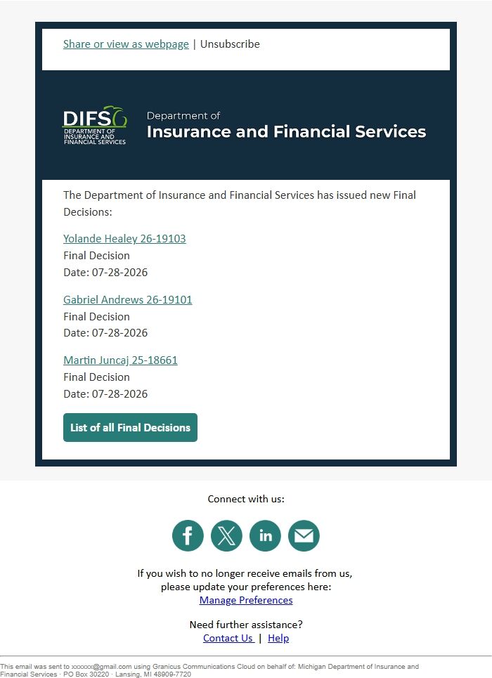 Screenshot of the email generated on import