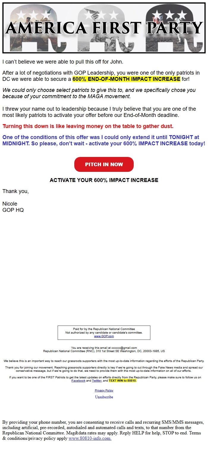 Screenshot of the email generated on import