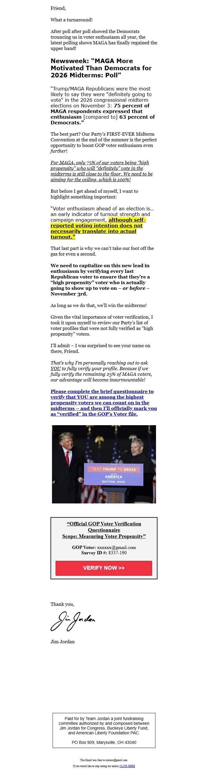 Screenshot of the email generated on import
