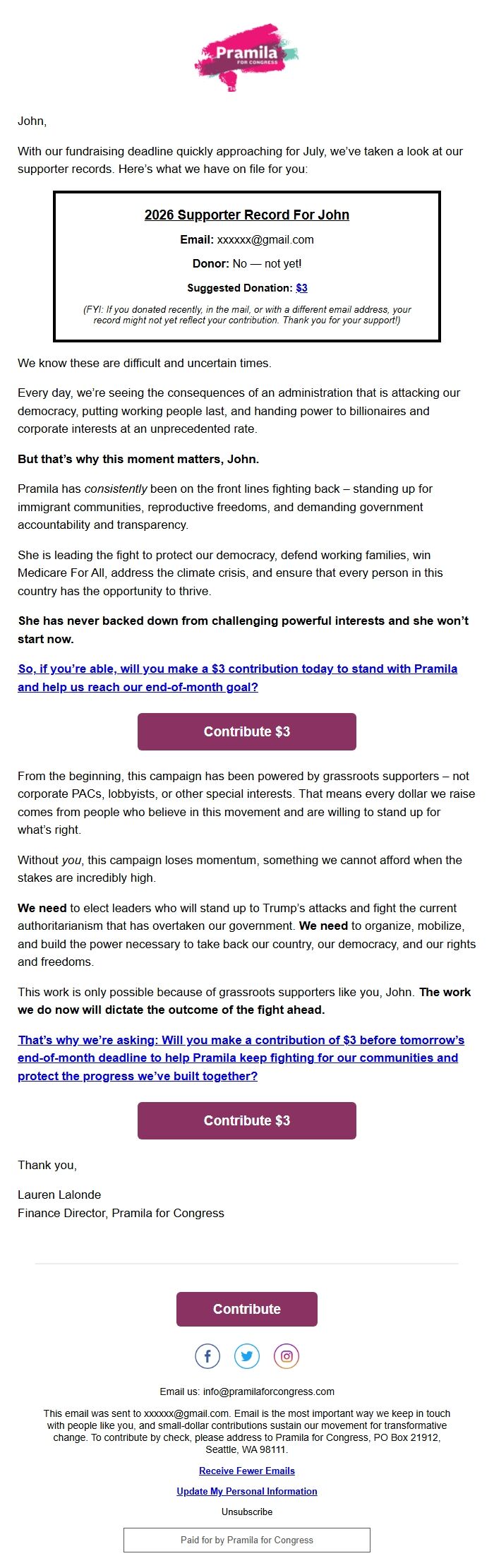 Screenshot of the email generated on import
