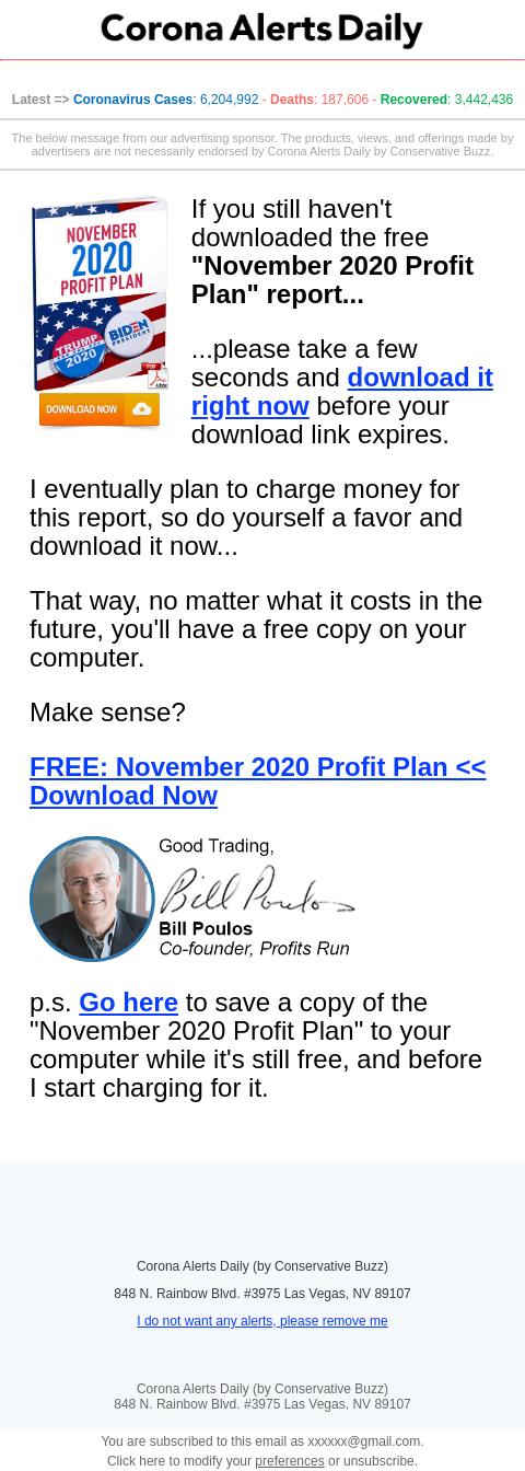 Screenshot of the email generated on import