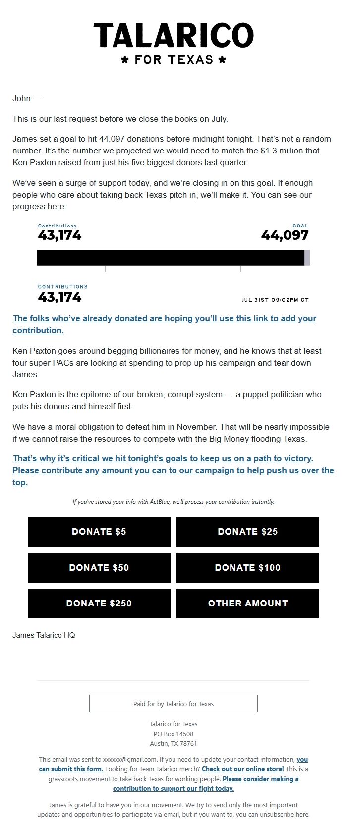 Screenshot of the email generated on import