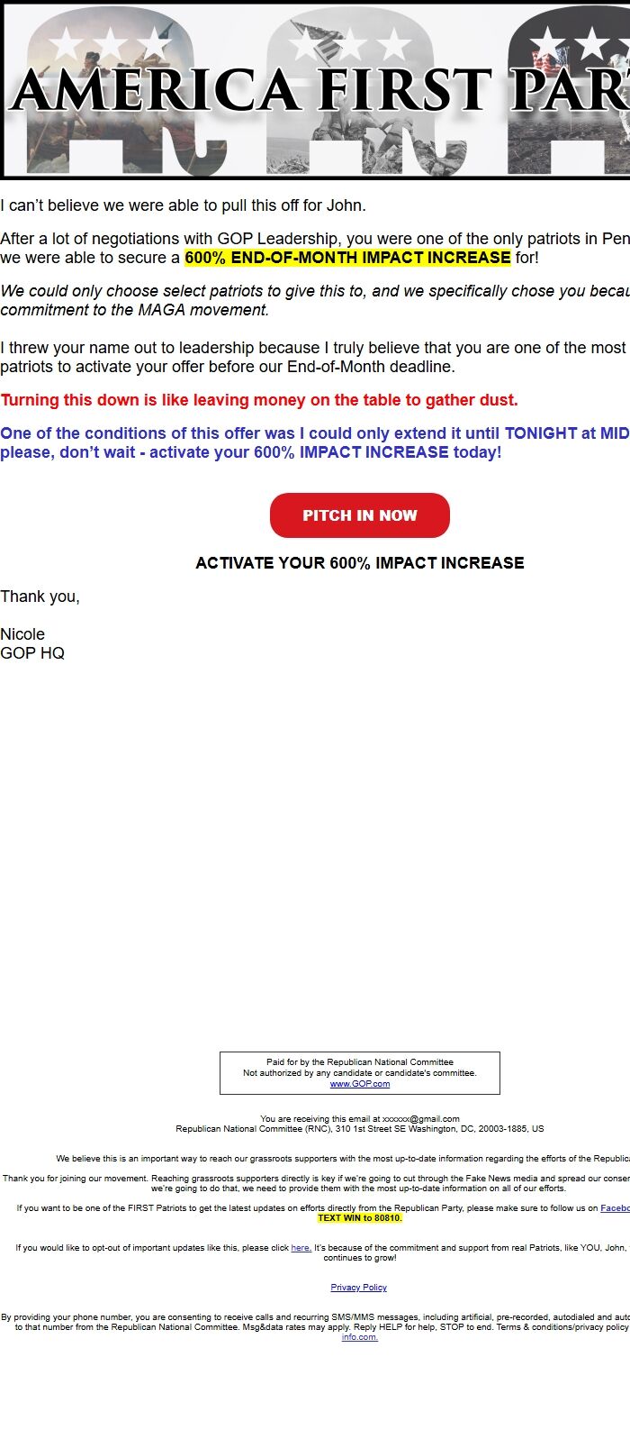 Screenshot of the email generated on import