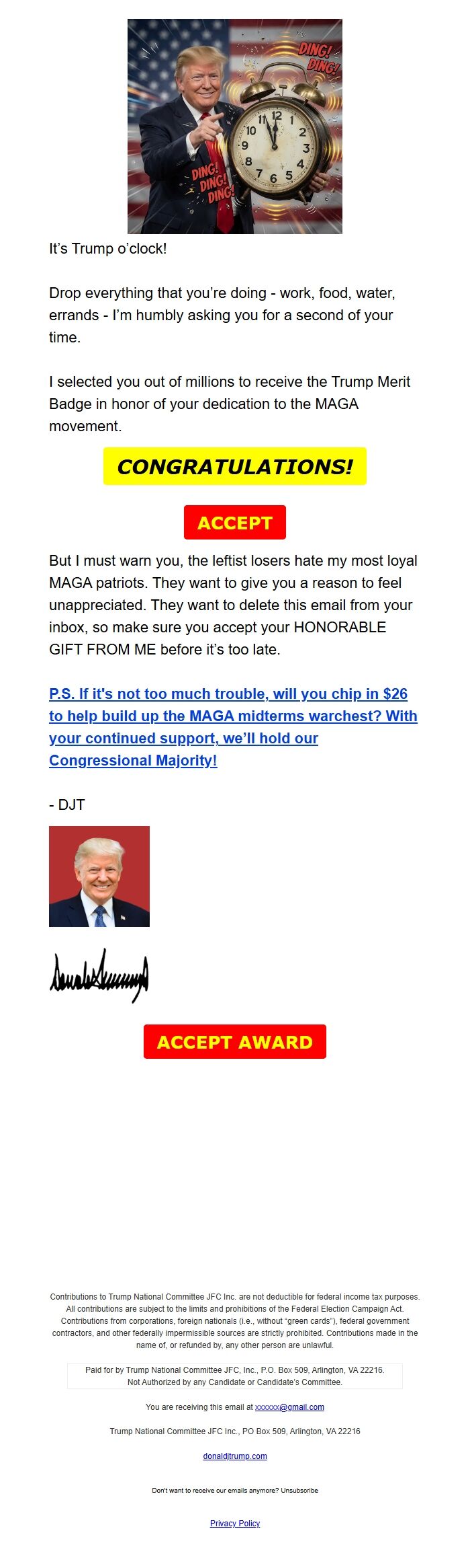 Screenshot of the email generated on import
