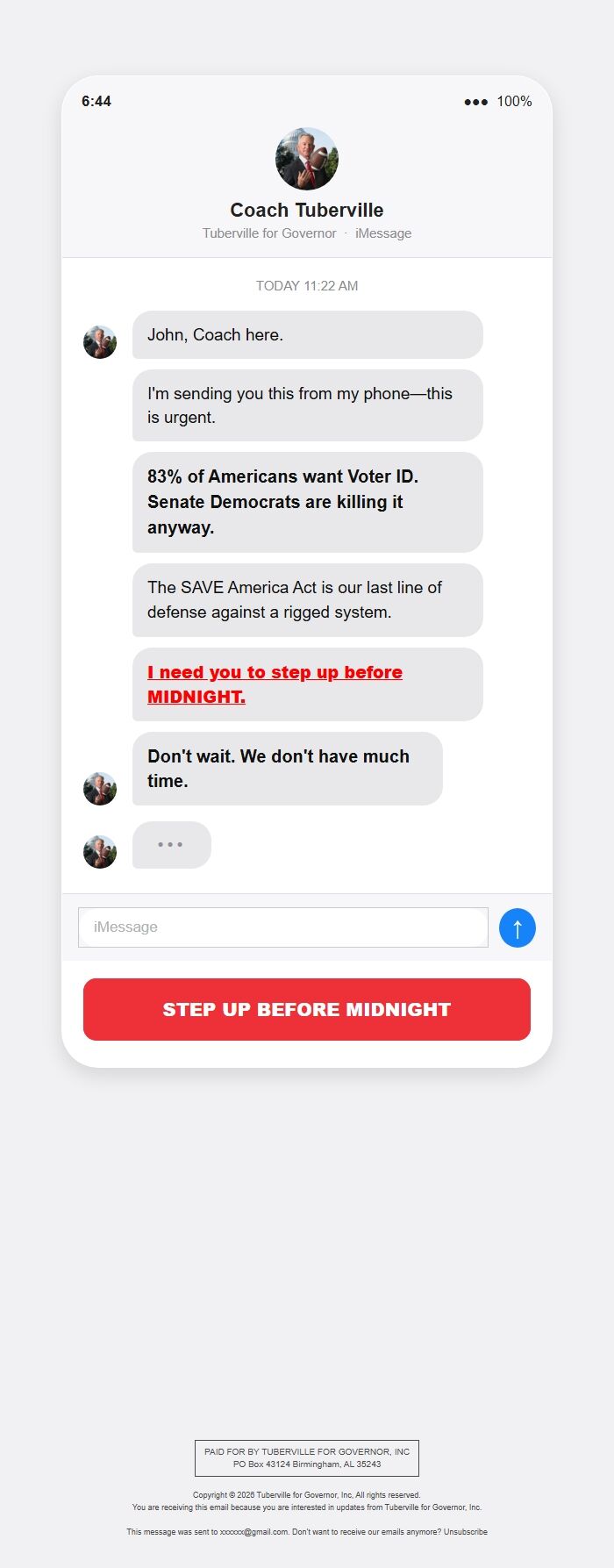 Screenshot of the email generated on import