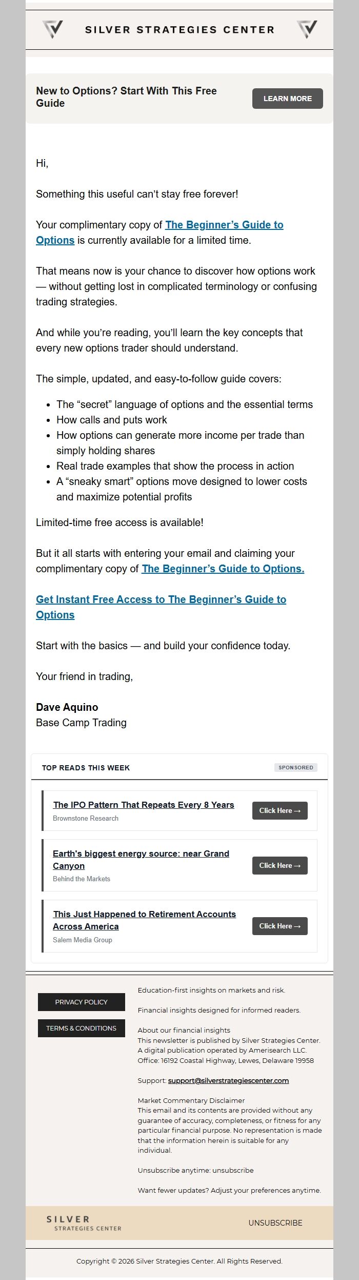 Screenshot of the email generated on import