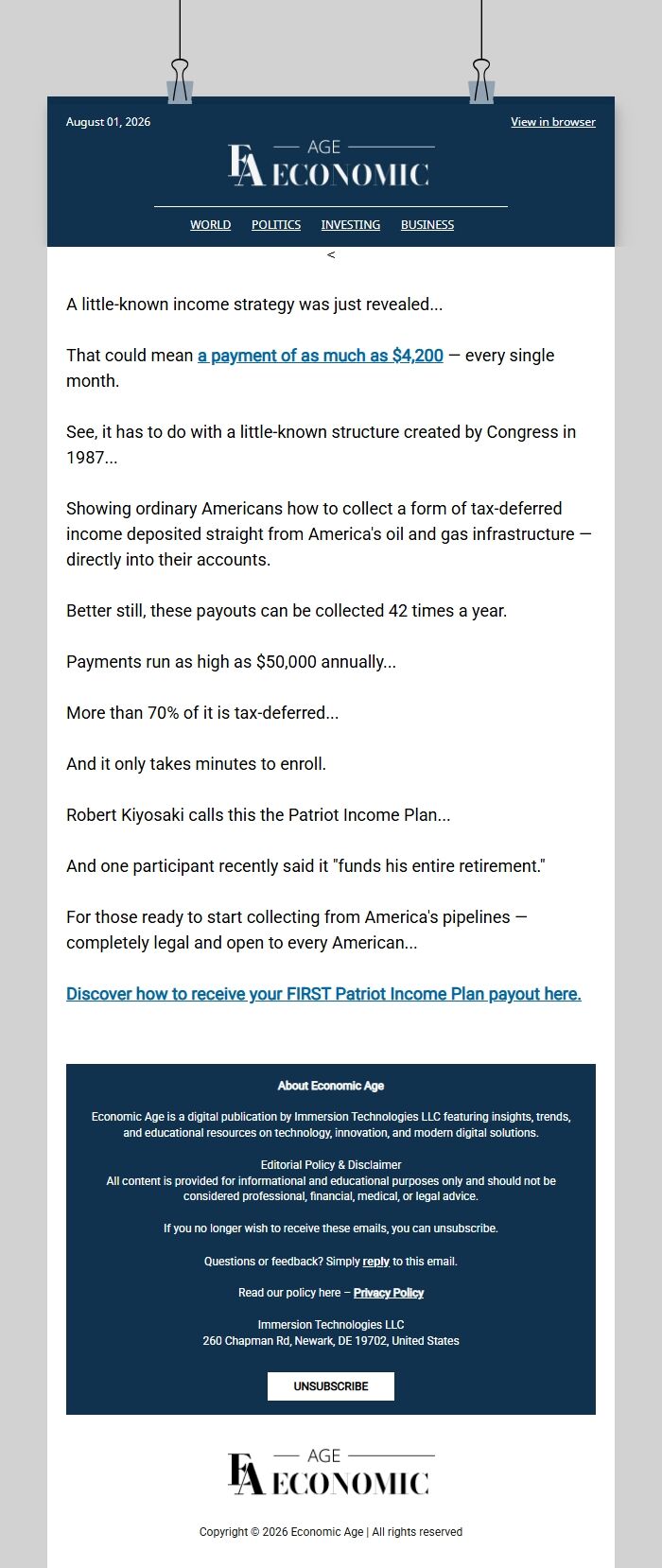 Screenshot of the email generated on import