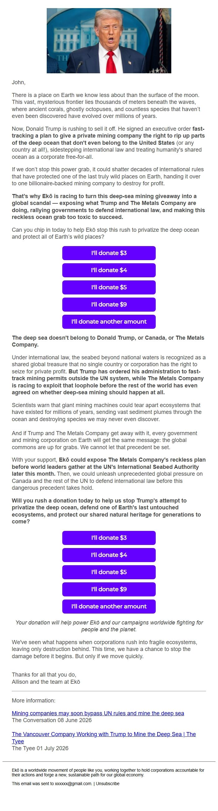 Screenshot of the email generated on import