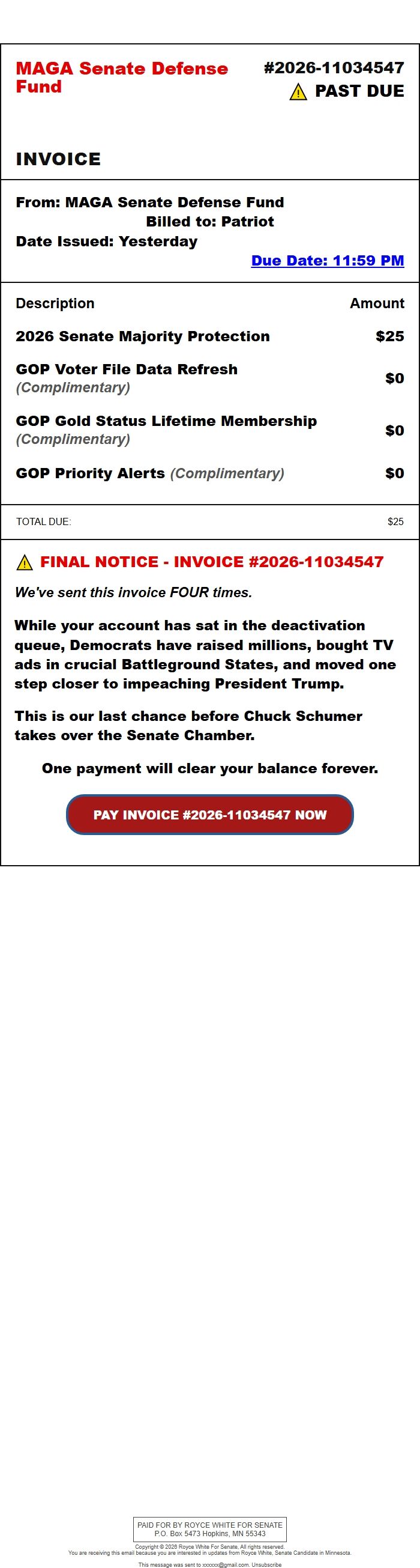 Screenshot of the email generated on import