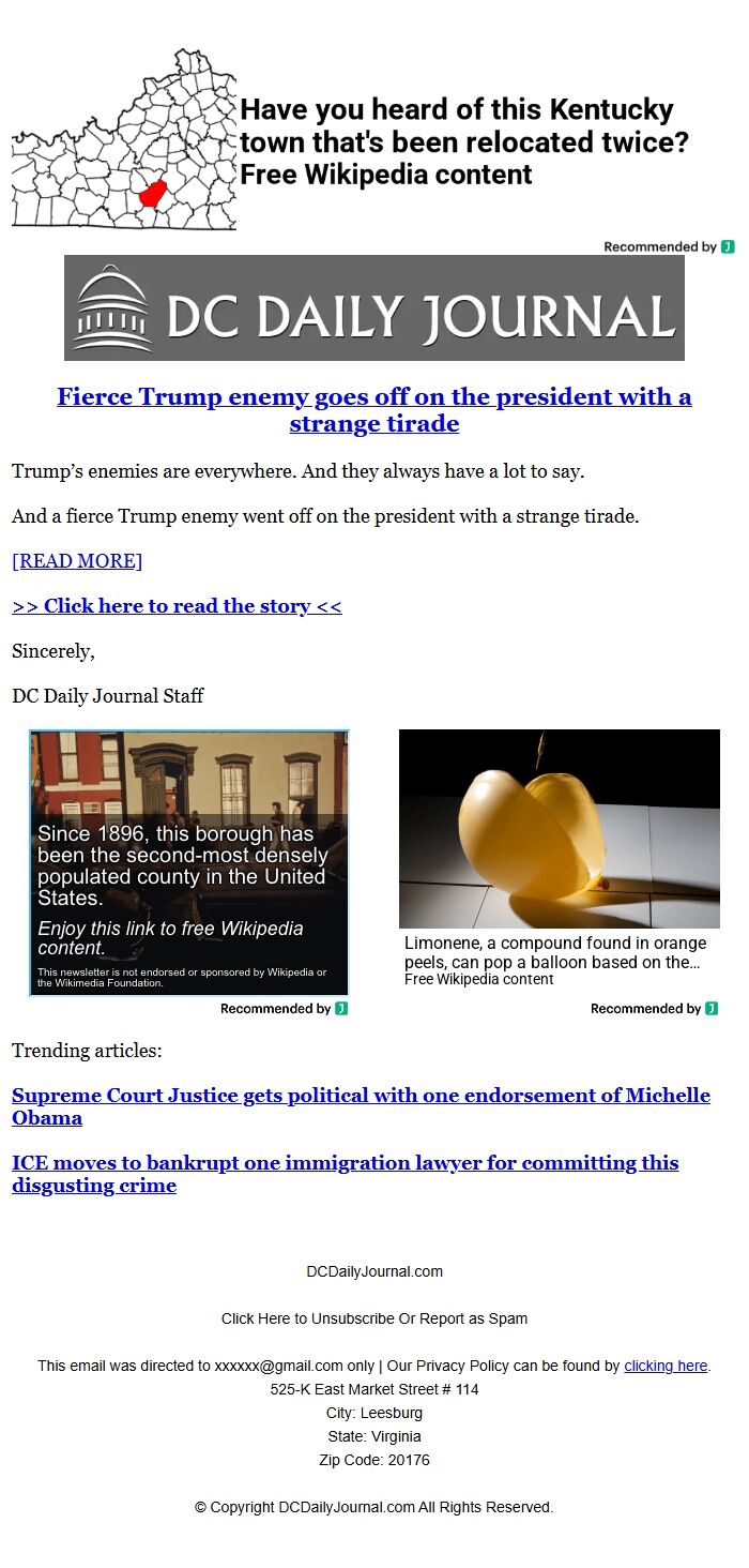 Screenshot of the email generated on import