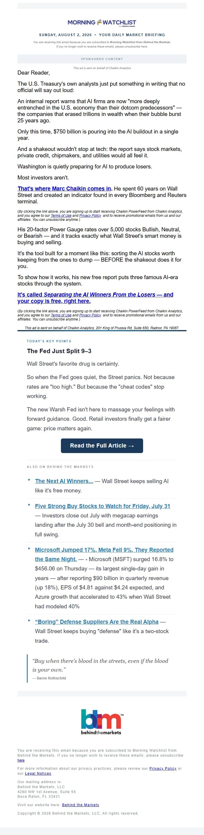 Screenshot of the email generated on import