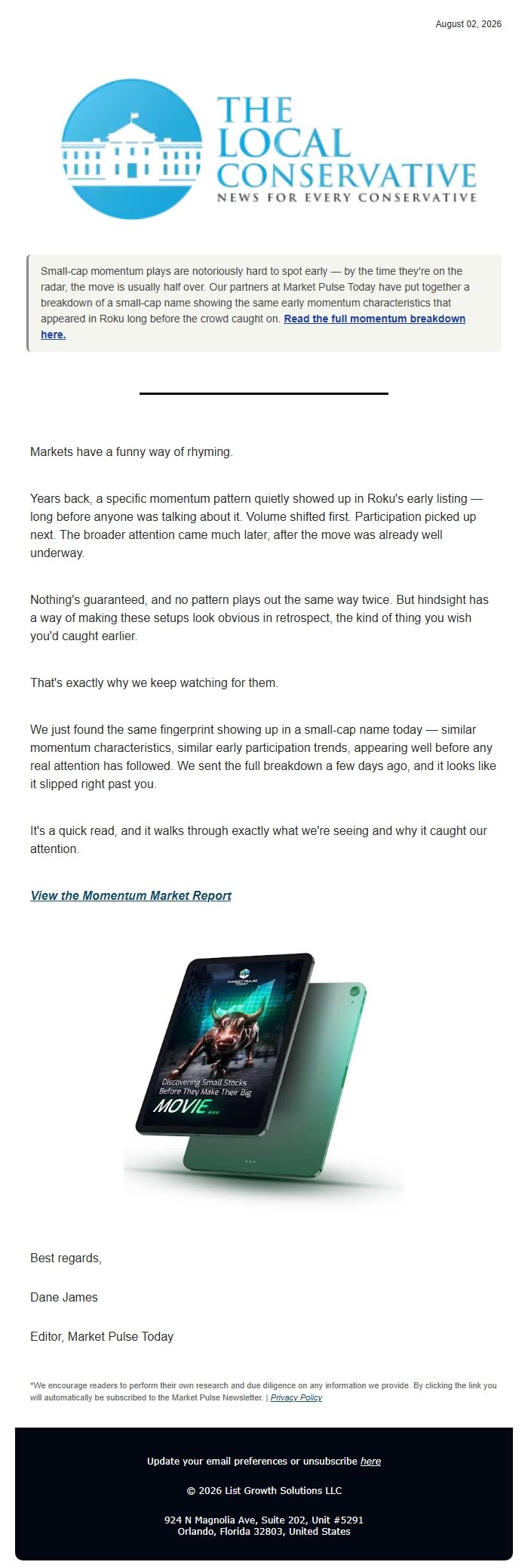 Screenshot of the email generated on import