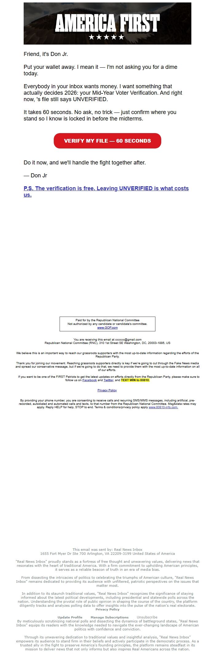 Screenshot of the email generated on import