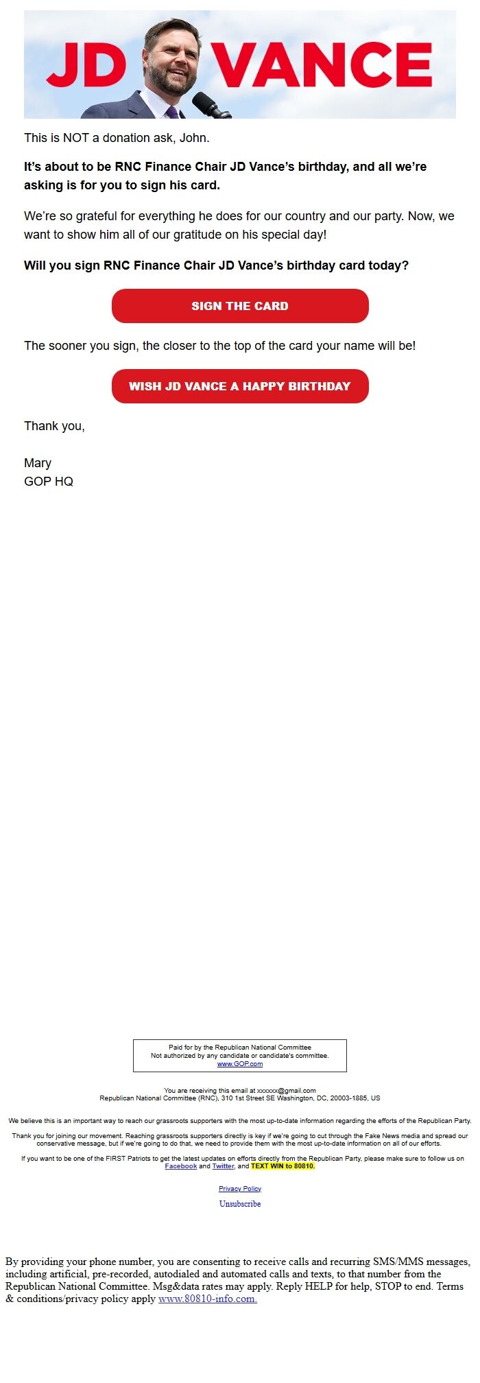 Screenshot of the email generated on import