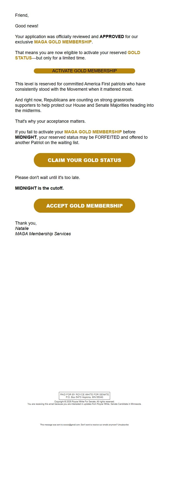 Screenshot of the email generated on import